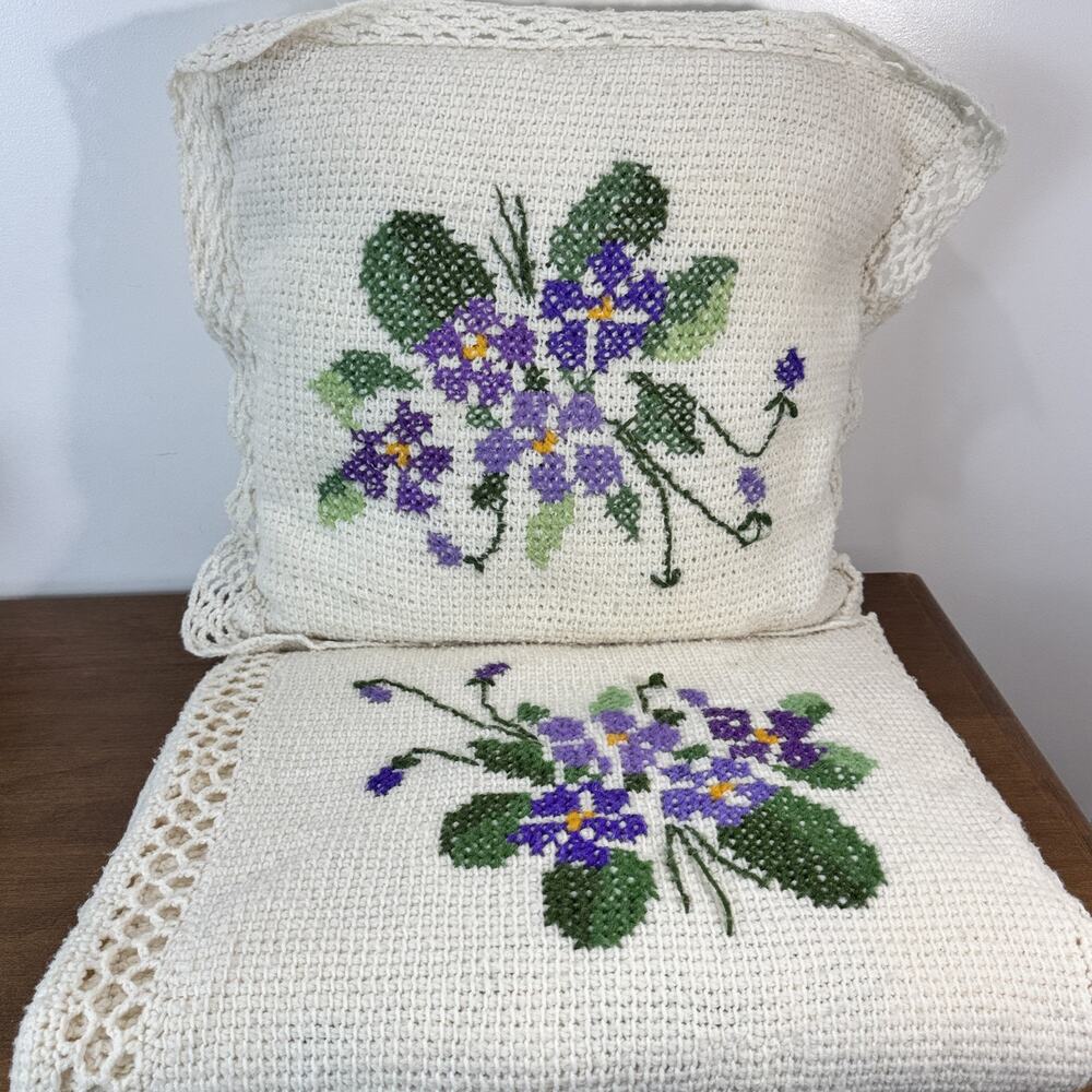 Vintage Handmade Crochet Blanket Throw Afghan Cross Stitch African Violets
